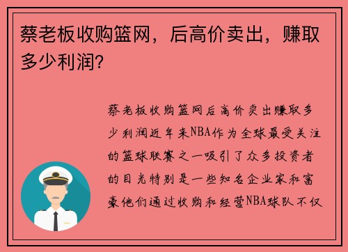 蔡老板收购篮网，后高价卖出，赚取多少利润？