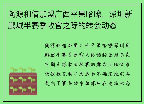 陶源租借加盟广西平果哈嘹，深圳新鹏城半赛季收官之际的转会动态