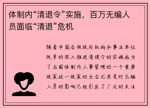 体制内“清退令”实施，百万无编人员面临“清退”危机