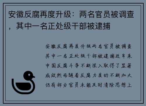 安徽反腐再度升级：两名官员被调查，其中一名正处级干部被逮捕