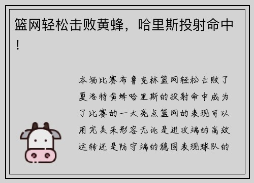 篮网轻松击败黄蜂，哈里斯投射命中！