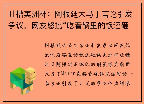 吐槽美洲杯：阿根廷大马丁言论引发争议，网友怒批“吃着锅里的饭还砸锅”